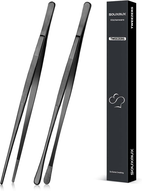 2 Pcs 10-inch Precision Cooking Tweezers Tongs, Stainless Steel Professional Chef Kitchen Tools for BBQ, Serving
