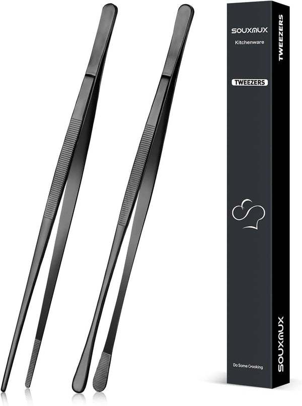 2 Pcs 10-inch Precision Cooking Tweezers Tongs, Stainless Steel Professional Chef Kitchen Tools for BBQ, Serving
