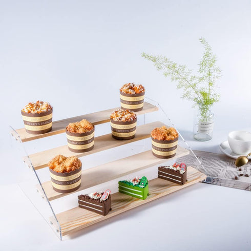 PACKGILO 4 Tier Acrylic Display Stand for Figures Wooden Risers for Display Case Craft Fair Acrylic Cupcake Stand