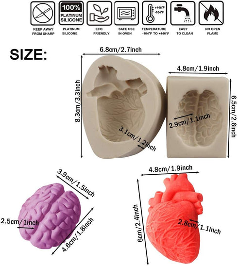 2PCS Halloween Heart and Brain Silicone Molds - DIY Human Organ Fondant Mould for Cake, Candy, Biscuit, Kitchen Tools