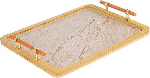 JUPELI 16" x 12" Bamboo Serving Tray with Handles Marble Pattern Decorative