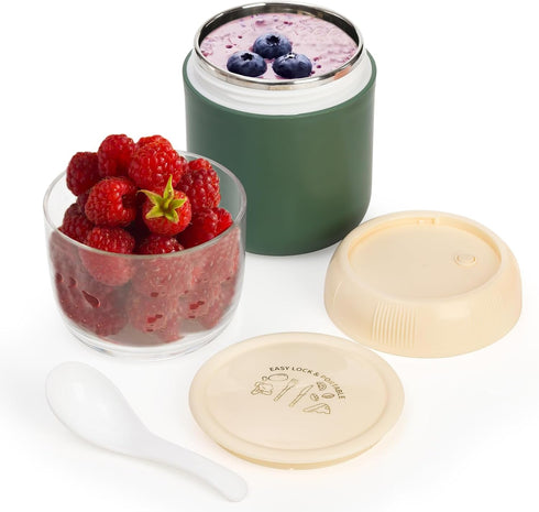 2 Pack 24oz 2-in-1 Eorbow Insulated Yogurt Container, Breakfast On the Go Cup with Plastic Topping Cereal Oatmeal Cup