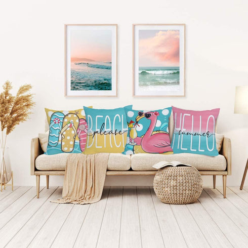 2 Pack Waterproof Outdoor Throw Pillow Covers, 20x20 Inch Flamingo & Tropical Flower Design, Beach Cushion Cases