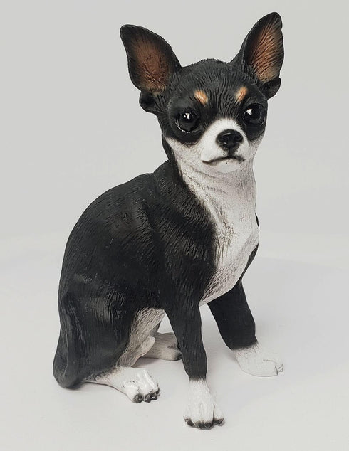 CHIHUAHUA Black White Dog Sits FIGURINE, Resin DF06A