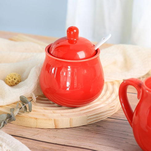 FUYU Ceramic Sugar Bowl with Lid and Spoon, Spice Jar Seasoning Box, Condiment Pot