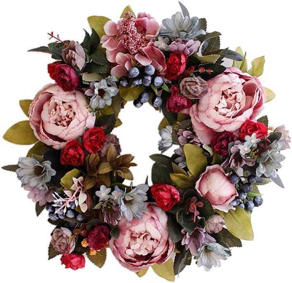 Artificial Peony Hydrangea Flower Door Wreaths, Spring and Summer Floral Wreath for Home, Wedding Decor 35cm