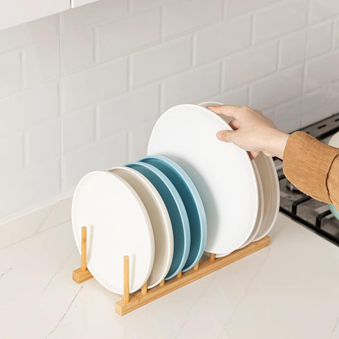 HBlife 2pcs Bamboo Dish Plate Bowl Cup Book Pot Lid Drying Rack Stand Organizer for Kitchen