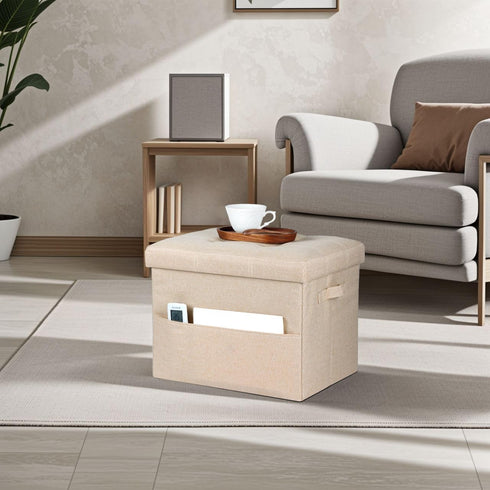 17x17x13 Inches, Bsketa Storage Ottoman Foot Rest, Folding Linen Cotton Ottoman with Storage with Side Pockets
