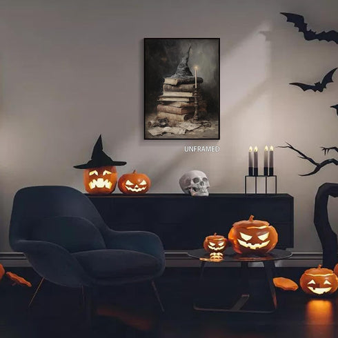 Vintage Dark Academia Halloween Canvas Wall Art Poster - Gothic Victorian Witchy Creepy Haunted House Art, 12x16in