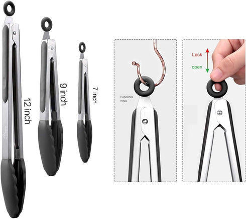 HOTEC Premium Stainless Steel Locking Kitchen Tongs, Set of 3 Sizes (7", 9", 12"), Black