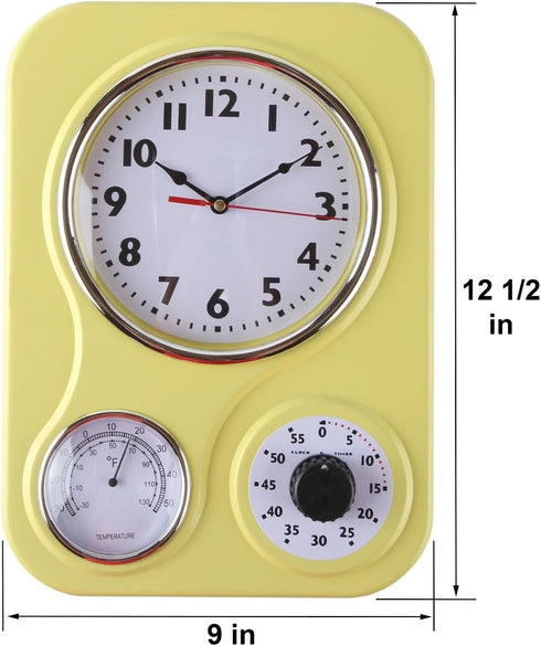 Lily's Home Retro Kitchen Wall Clock with Thermometer and 60-Minute Timer, Yellow (9.5 in x 13.3 in)