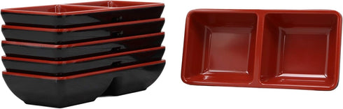 Ebros Red And Black Melamine Traditional Design Condiments Bowl, Ketchup BBQ Soy Sauce Dipping Dish with Divider