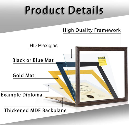 11x14 8.5x11 14 11 Diploma Frames with Blue Mat, Fits Degree Certificate Document, x Walnut Color Frame with Plexiglass