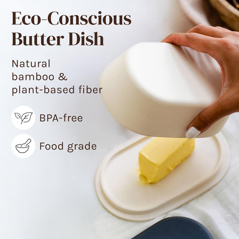 Eco Modern Bamboo Fiber Butter Dish with Lid - White Butter Crock Holder for Kerrygold, Dishwasher Safe
