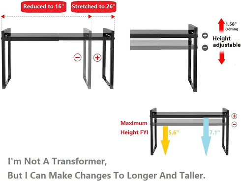 Expandable Cabinet Shelf Organizer, Stackable Kitchen Counter Shelf Rack 16~26", 22LBS Sink Shelf Riser in Black