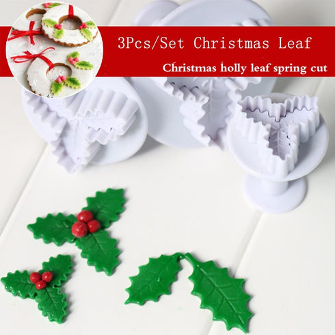KALAIEN 3pcs Holly Leaf Plunger Cutter Fondant Baking Tools for Cake Cookie Sugarcraft Decorating