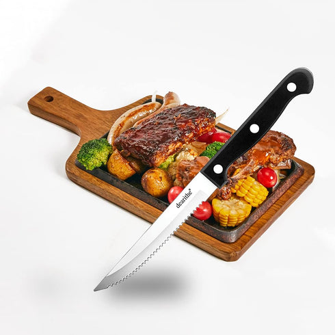 Set of 6 Steak Knives, Black Full-Tang Triple Rivet Serrated Stainless Steel Flatware, 4.5 Inches, Dishwasher Safe