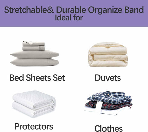 Bed Sheet Organizer Bands: Elastic Storage Size Marking Straps for Organizing Linen Closet (Queen 4PCs | Purple)