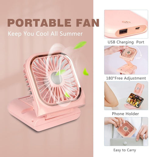 Portable Mini Fan, Small Battery Operated 5 in 1 Power Bank, Phone Holder, Handheld Fan, Pink