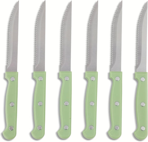 Core Kitchen Set of 6 Colorful Kitchen Steak Knives, 4.5" Blade, Leaf Design