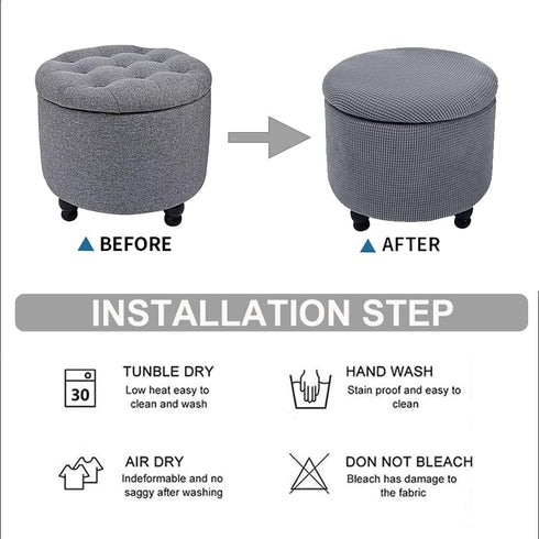 Andreannie Stretch Dark Grey Jacquard Fabric Ottoman Slipcover Floding Storage Foot Stool Covers Soft Round Slipcover