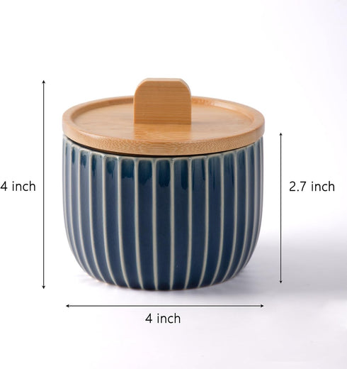 14oz Salt Cellar Keeper with Bamboo Lid, Big Capacity Ceramic Sugar Bowls Pepper Box, Crackle Glaze Seasoning Container