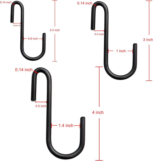 YourGift Heavy Duty S Hooks, S Shaped Hooks for Kitchen, Bathroom, Bedroom, Office, 24 pcs/Black, Various Sizes