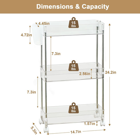 3-Tier 2 VECELO Acrylic Rolling Cart, Utility Cart for Kitchen Storage, Mobile Shelves Slide-Out Organizers