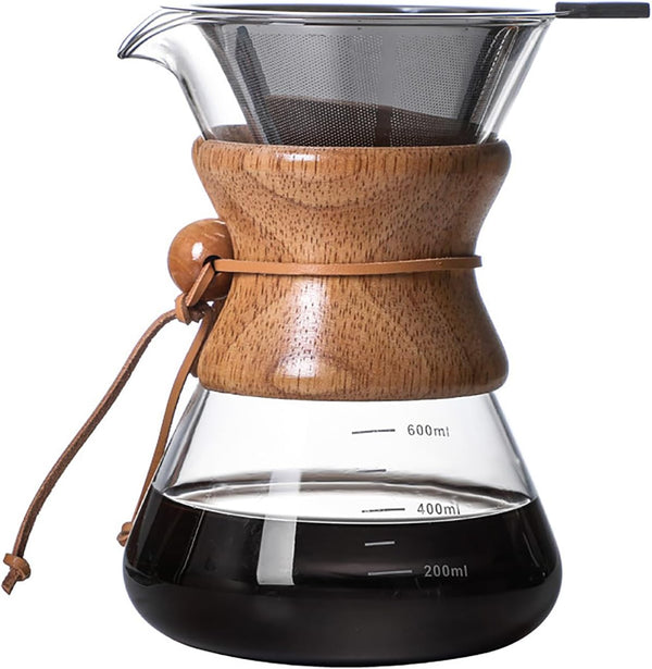 Pour Over Coffee Maker | 600ml/20oz Borosilicate Glass Carafe with Reusable Stainless Steel Drip Filter for 1-4 Cup