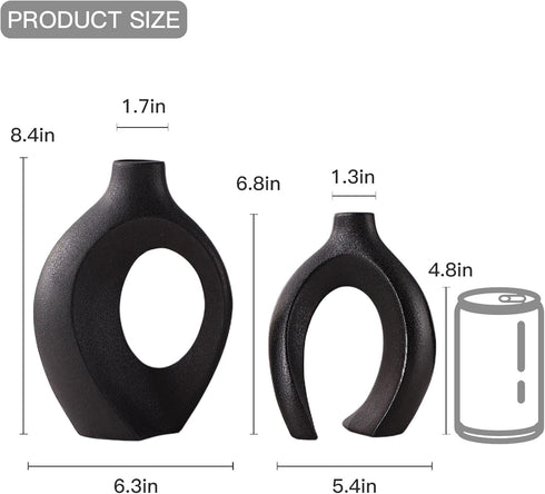 Set 2, Liotww Black Vases Home Decor of Ceramic Black Small Flower Vase, Minimalist Boho Decorative Modern Donut Vase