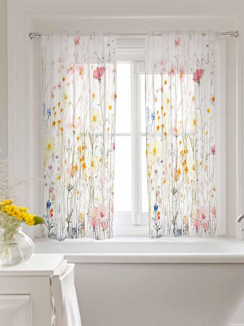 Yomandocix 45 Inch 27.5"x45" 2 Spring FlowersSheer Kitchen Tier Curtains Length, Botanical Florals Cafe Window