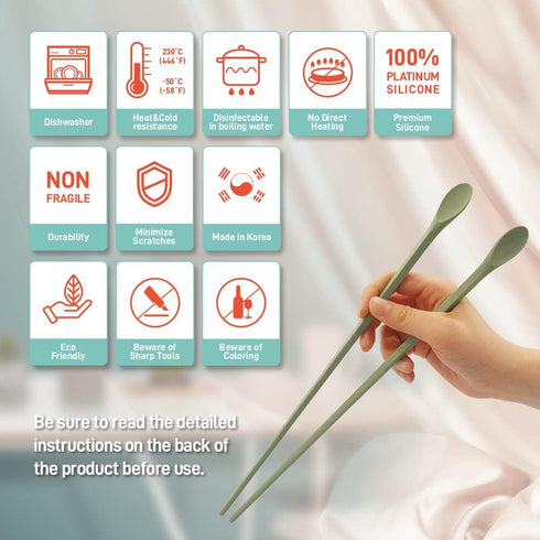 Reusable Long Silicone Cooking Chopsticks with Spoon, 12 Inches, BPA-free Non-Slip Kitchen Utensils (Pastel Green)