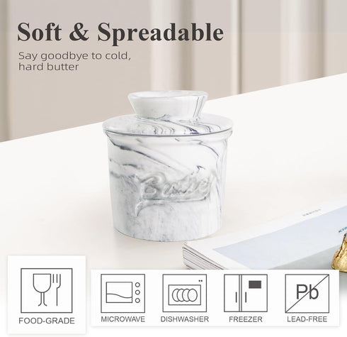 Butter Crock for Counter with Water, Marble Ceramic French Butter Keeper Dish with Lid for Spreadable Butter
