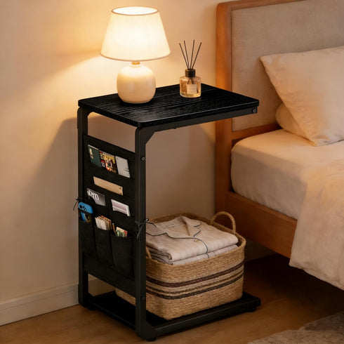Vovonusy ET-P-BK1 Wood Pedestal Small TV Trays for Eating, C Shaped End Table Storage Bag, Sofa Side Table Couch Desk