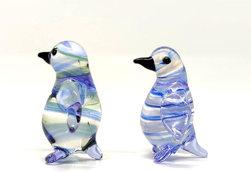 2 Penguins Tiny Figurines - Hand Blown Color Glass Art Animals Collectible Gift Home D cor (Blue Green)