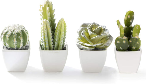 Artificial Mini Succulent & Cactus Plants, Set of 4 in White Cube-Shaped Pots for Home Decor