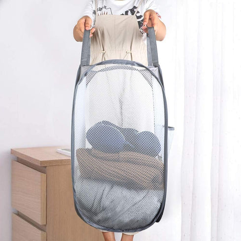 Larpur 2 Pcs Popup Mesh Laundry Baskets, Collapsible Portable Clothes Hampers with Reinforced Carry Handles, Gray