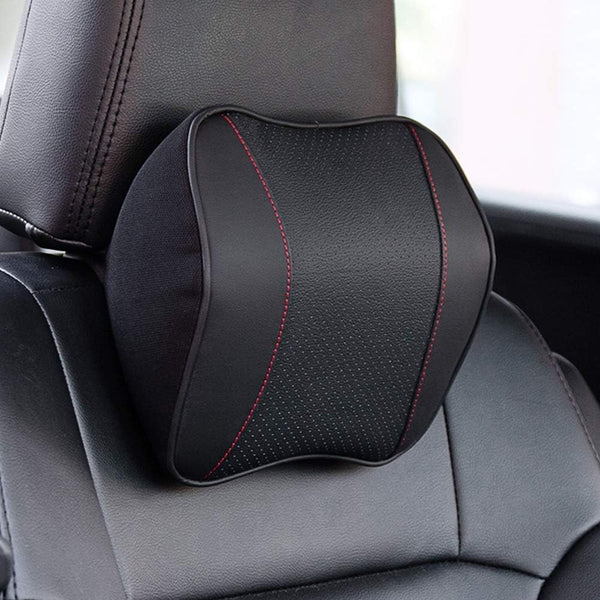 Car Headrest Neck Rest Pillow - 100% Memory Foam Leather Cushion for Driving, Relieve Neck Pain (Black)