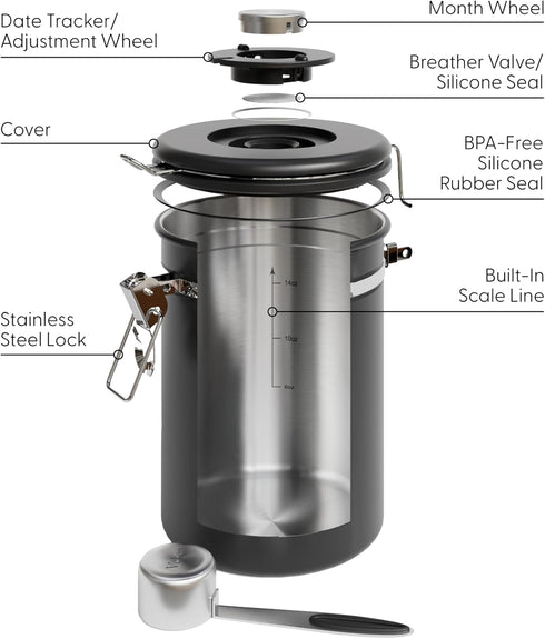 Veken Coffee Canister with Window, Airtight Stainless Steel Storage Container for Coffee, Beans, and Tea
