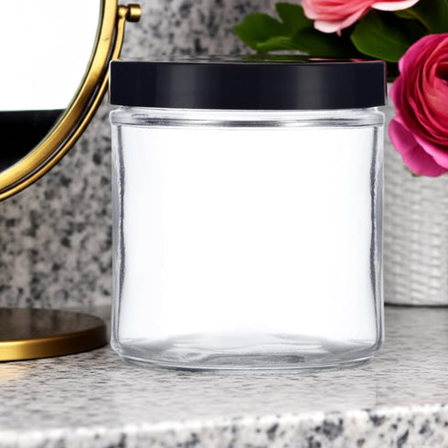 16 oz Large Clear Thick Glass Jar with Black Foam Lined Lid, 4 Pack