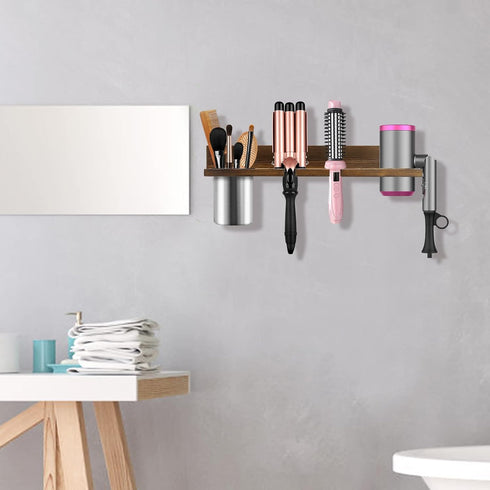 Wall Mounted Hair Tool Organizer, Wooden Blow Dryer Holder for Bathroom, Rustic Styling Tools Organizer for Hair Tools