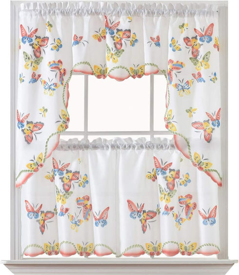 GOHD 3pcs Kitchen Curtain/Cafe Curtain Set - Farmhouse Air-Brushed Flying Butterfly Design (Swag and 24 inches Tiers)