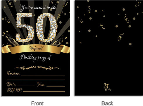 50th Birthday Party Invitations, 5x7 Black & Gold Cards with Envelopes and Gold Metallic Pen (Pack of 25)