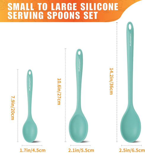 3 Pcs Silicone Spoons Set of 7.9 10.6 14.2 inch for Cooking, Heat Resistant Kitchen Spoons for Mixing, Stirring, and Serving, Small to Large Non Stick Utensil Spoons (Green)