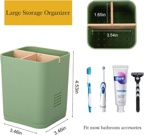 Electric Toothbrush Holder with 3 Slots and Bamboo Dividers, Plastic Organizer for Bathroom Countertop, Green