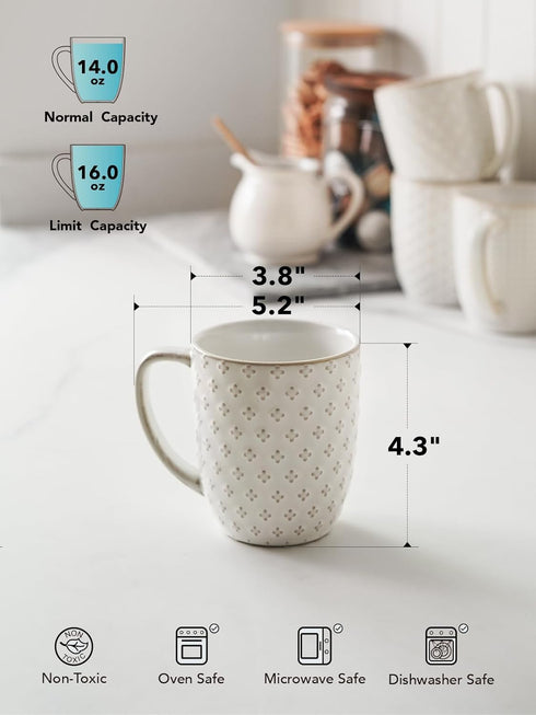 16 oz,Ceramic Set, 3.8 inch, Set 4, LE TAUCI Coffee Mugs Mug Embossment Cups for Latte, Hot Tea, Cappuccino, Mocha
