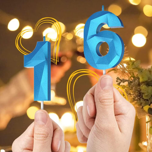 Number Birthday Candles (10 Candle Blue), 3D Diamond Shape Happy Birthday Cake Candles for Party Decoration