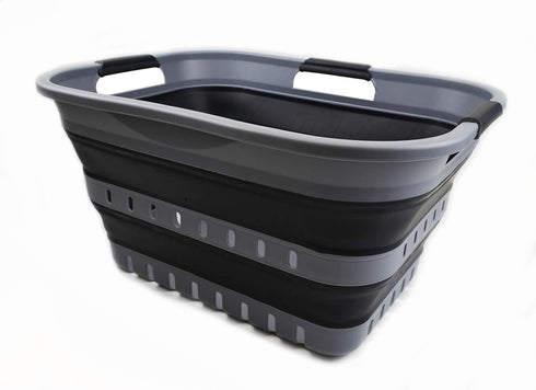 SAMMART 30L (8 Gallon) Collapsible Plastic Laundry Basket - Foldable Pop Up Storage Container (Grey/Black)