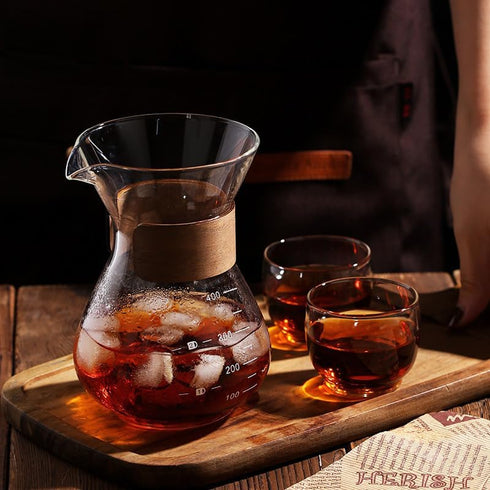 Pour Over Coffee Maker with Double Layer Stainless Steel Filter, 13.5oz/400ml Borosilicate Glass Carafe, Wooden Collar