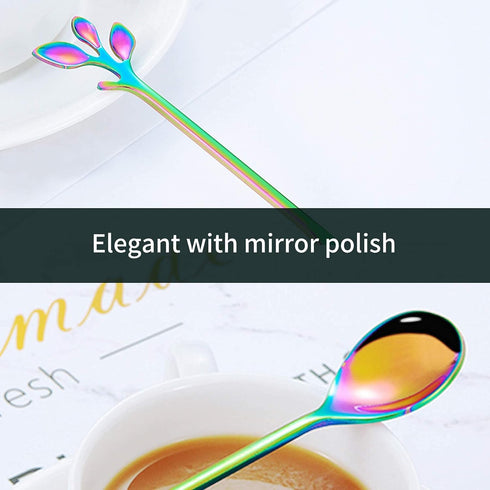Rainbow Leaf Coffee Spoons, IFeico 4.7 inch Stainless Steel Ice-Cream Tea Sugar Spoons, 5 Pack